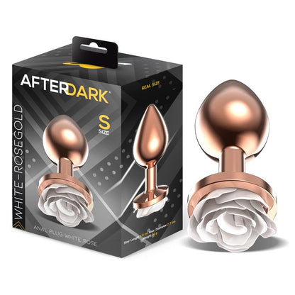 Plug Anal de Metal Oro Rosa con Rosa Blanca en la base Talla S, ideal para principiantes del sexo anal.