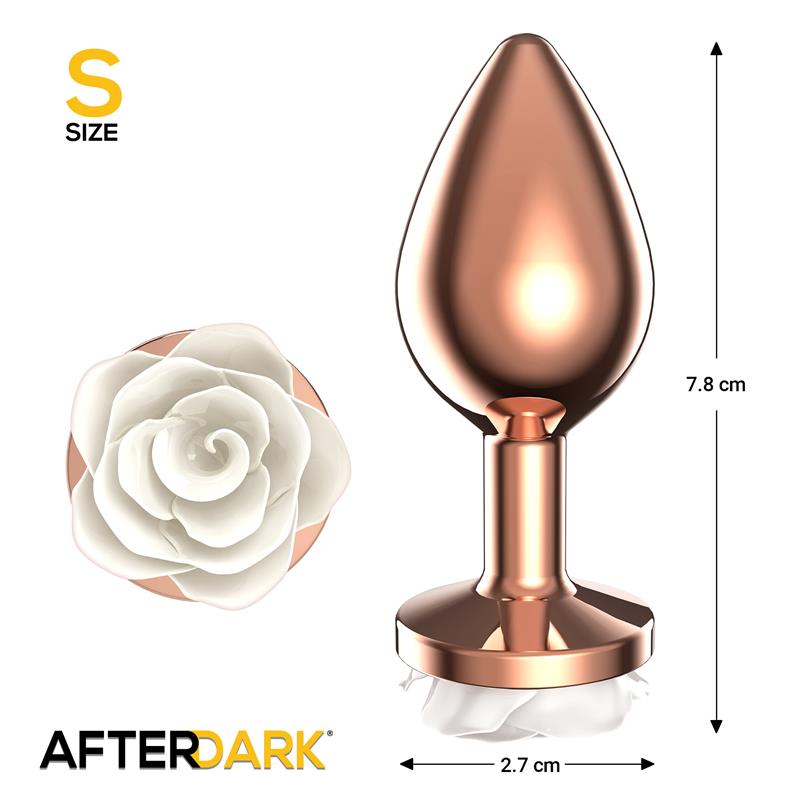 Plug Anal de Metal Oro Rosa con Rosa Blanca en la base Talla S, ideal para principiantes del sexo anal.