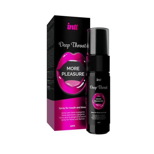 Spray INTT Deep Throat 12 ml, diseñado para facilitar el sexo oral profundo con una aplicación refrescante de menta, brindando comodidad y un aliento fresco durante el acto.