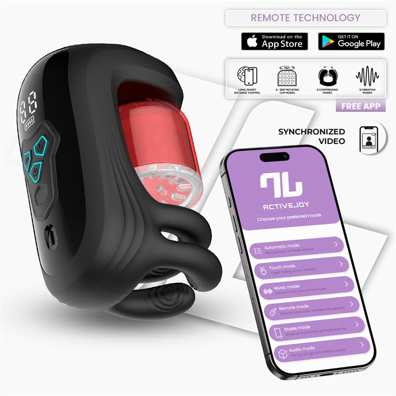 El INTOYOU APP SERIES Torky es un masturbador masculino inteligente que combina tres formas de estimulación en un mismo dispositivo: rotación de 360°, vibración y compresión.