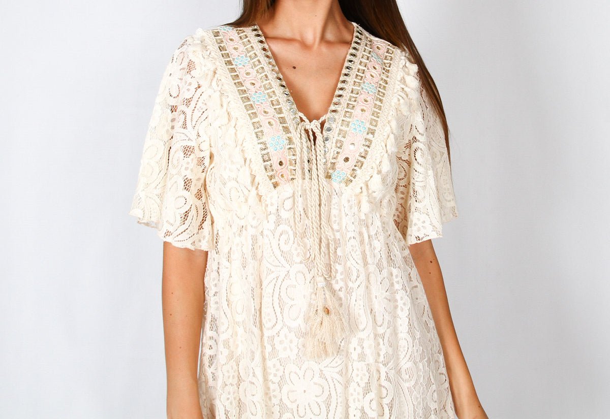 Vestido Beige Boho Corto Bordados HILDA