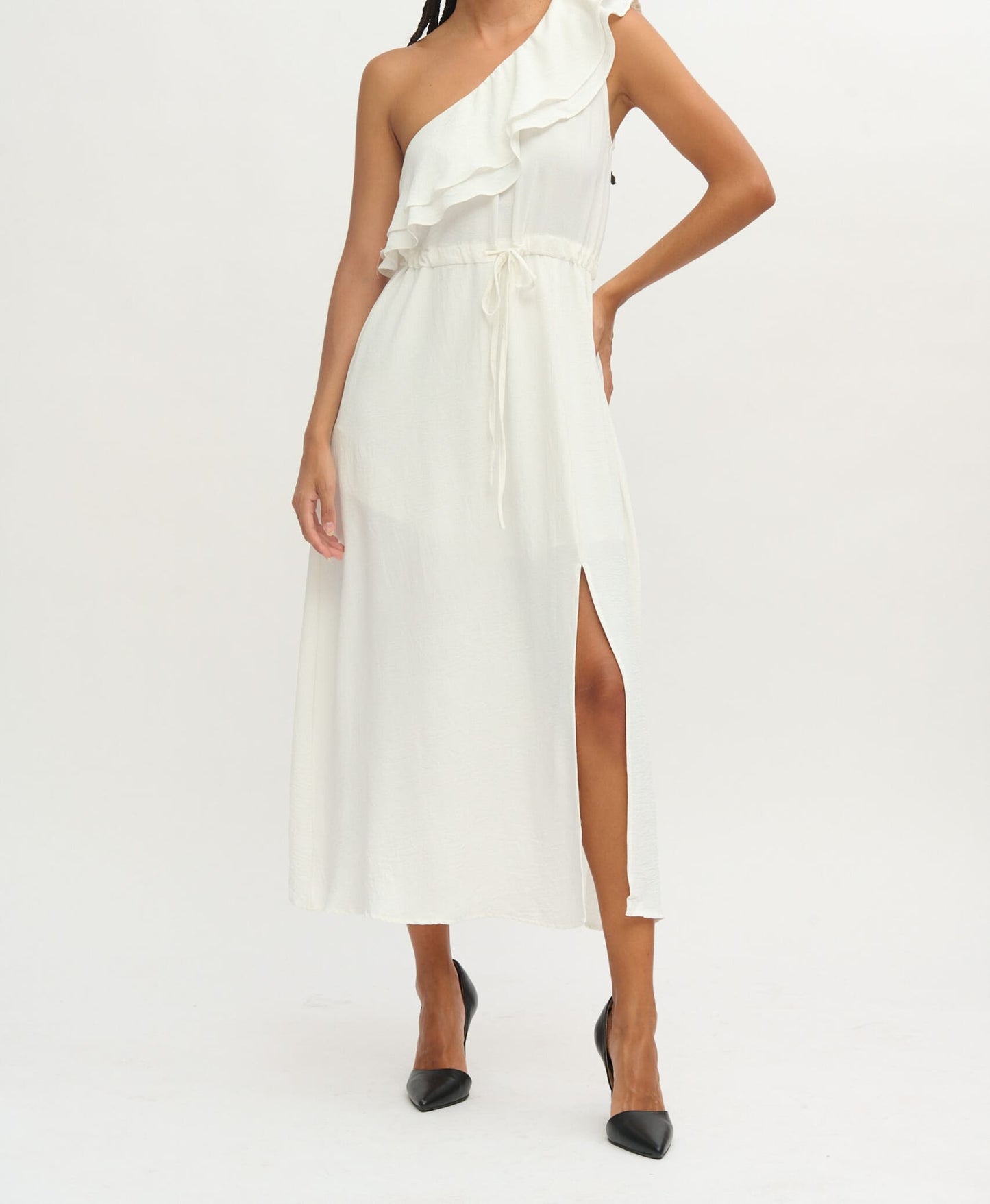 Vestido Fiesta Blanco Hombro Descubierto Volante BORA