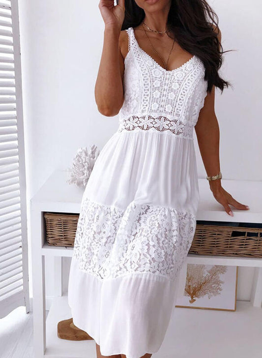 Vestido Boho Ibicenco Blanco Encaje Media Pierna VERONICA