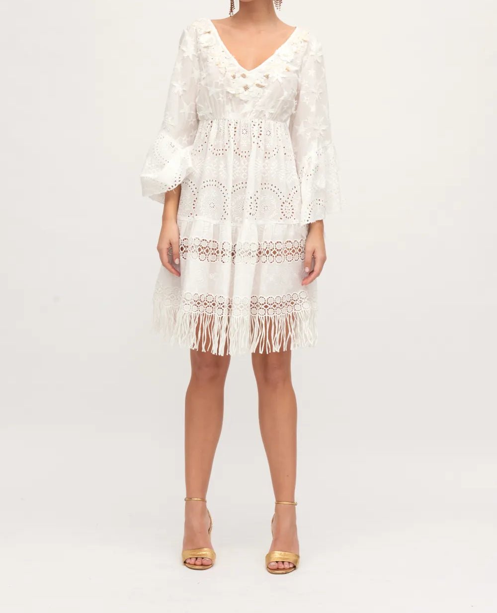 Vestido Boho Corto Bordado Blanco Manga Larga JULIETTA