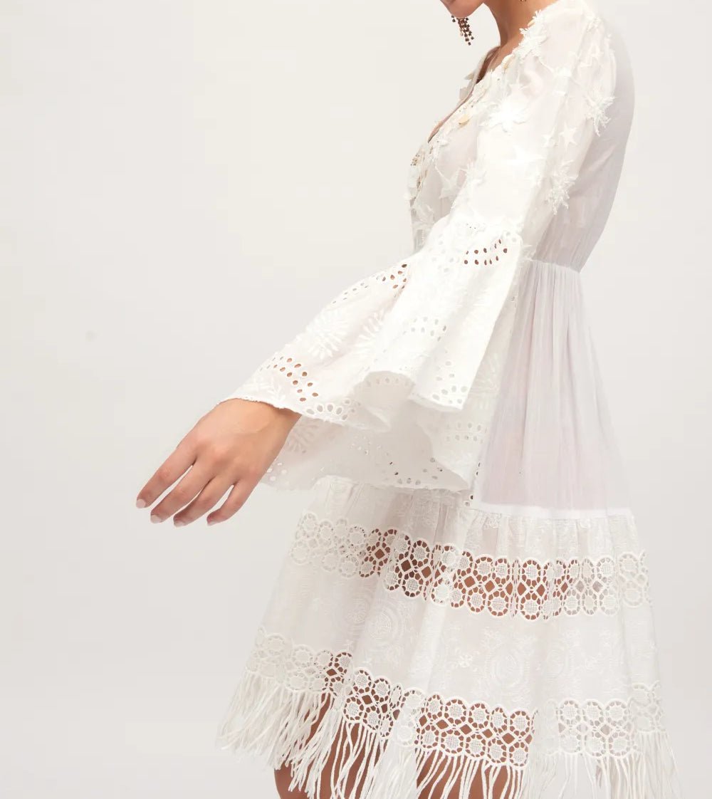 Vestido Boho Corto Bordado Blanco Manga Larga JULIETTA