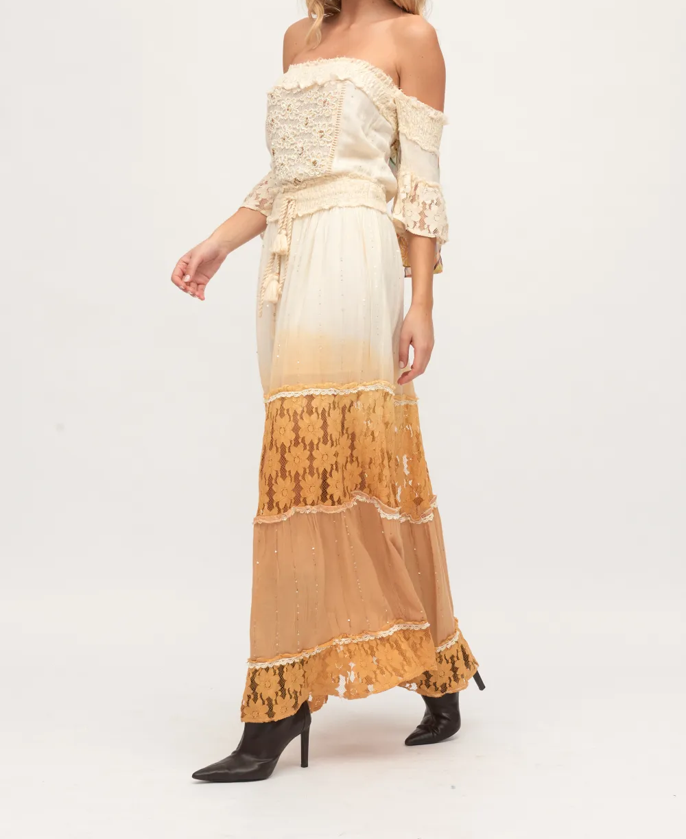 Vestido Boho Indie Largo Palabra Honor Bordado Beige ABIGAIL