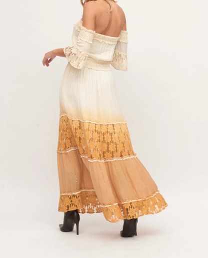 Vestido Boho Indie Largo Palabra Honor Bordado Beige ABIGAIL