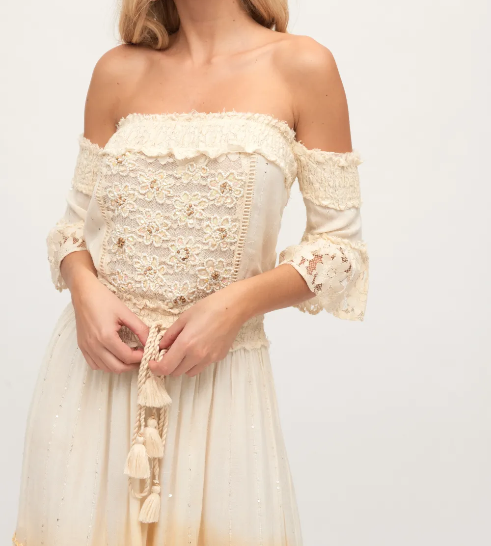 Vestido Boho Indie Largo Palabra Honor Bordado Beige ABIGAIL