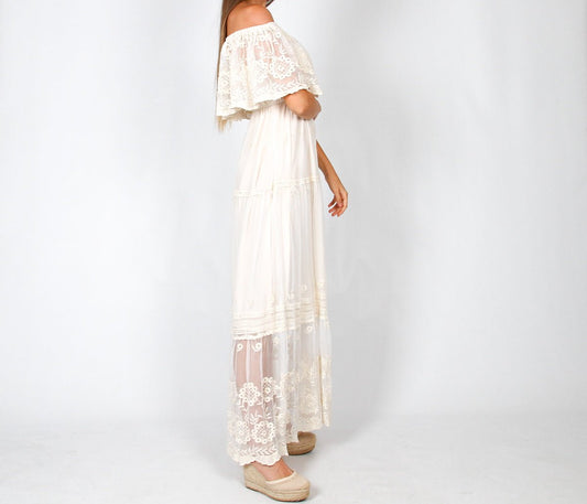 Vestido Boho Indie Hombros Descubiertos Beige o Blanco CASILDA