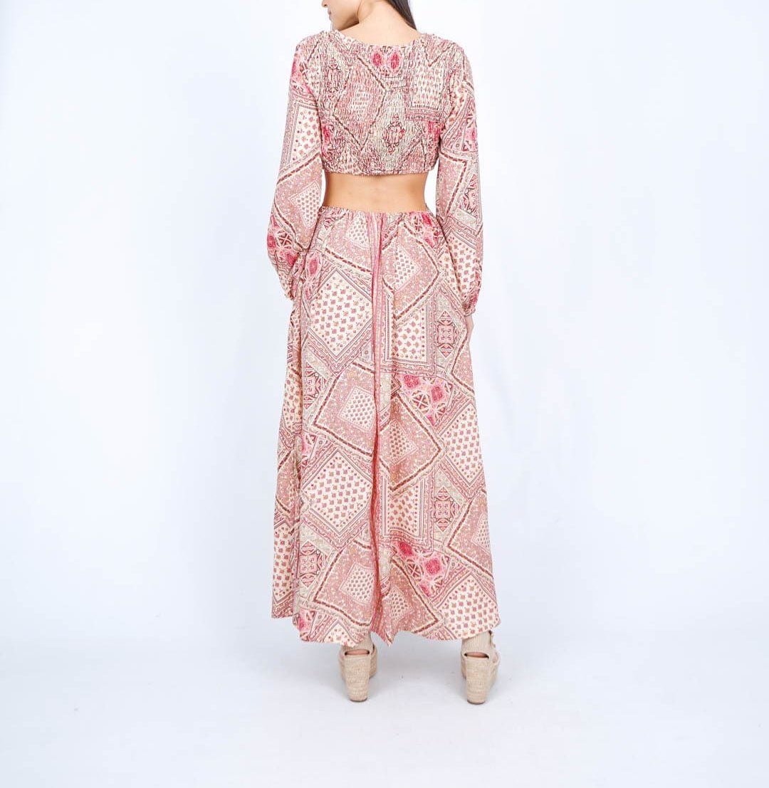 Vestido Boho Manga Larga con Abertura Rosa MIRIAM | Seda Fría