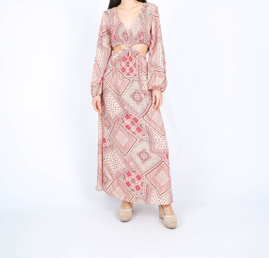 Vestido Boho Manga Larga con Abertura Rosa MIRIAM | Seda Fría