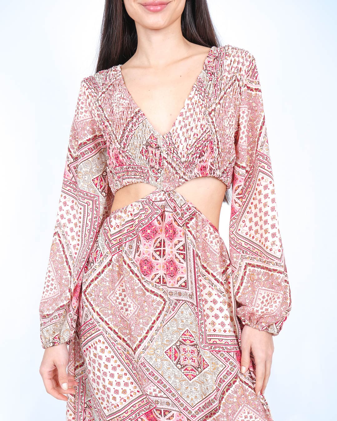 Vestido Boho Manga Larga con Abertura Rosa MIRIAM | Seda Fría