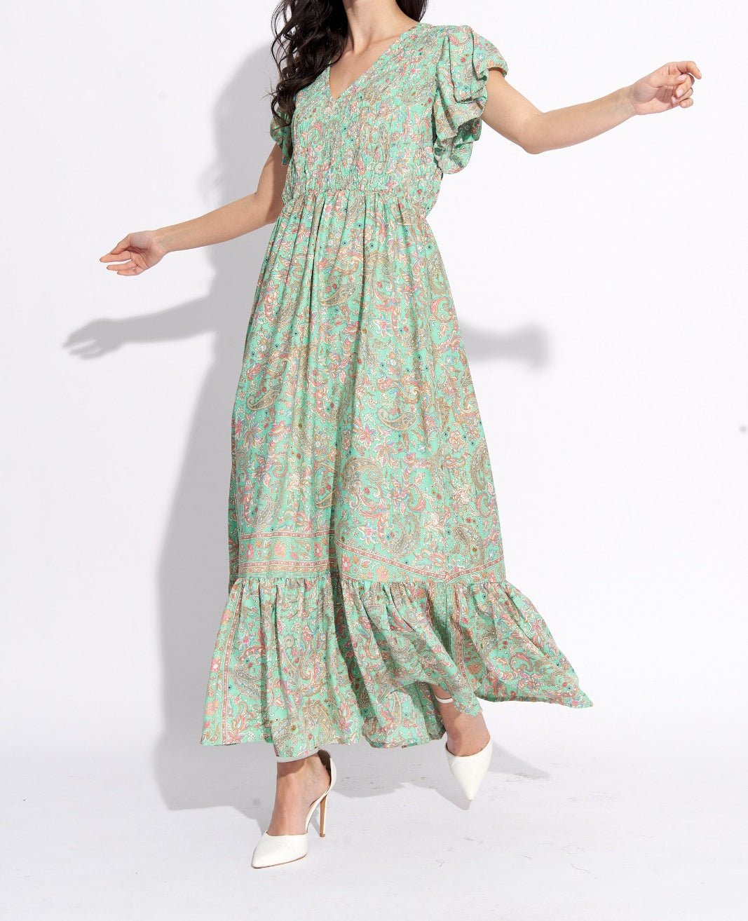 Vestido Boho Seda Largo Tonos Verdes y Rosas CANDY