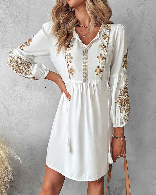 Vestido Camisero Boho Blanco Bordado Manga Larga LAURA