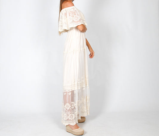 Vestido Boho Indie Hombros Descubiertos Beige o Blanco CASILDA