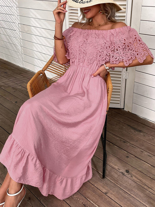 Vestido Largo Boho Rosa Hombros Descubiertos Karey | Colección Vestidos Verano 2024