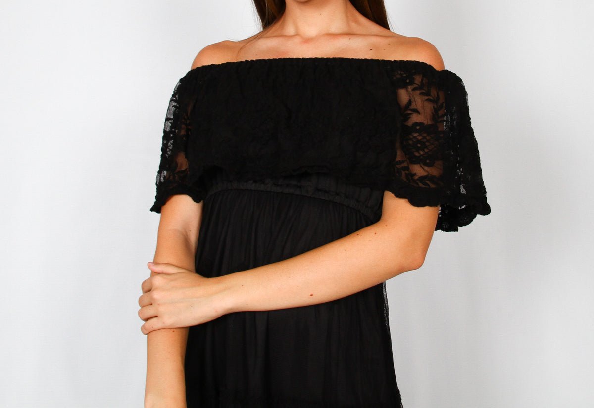 Vestido Negro Boho Encaje Hombros Descubiertos KIRA