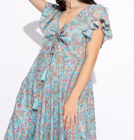 Vestido Seda Boho Estampado Tonos Azules