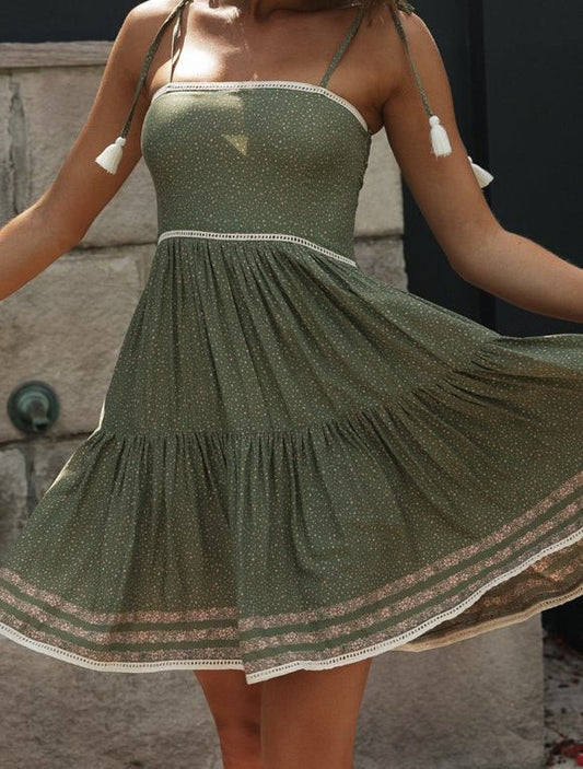 Vestido Verde Boho Topitos Blancos ALMA