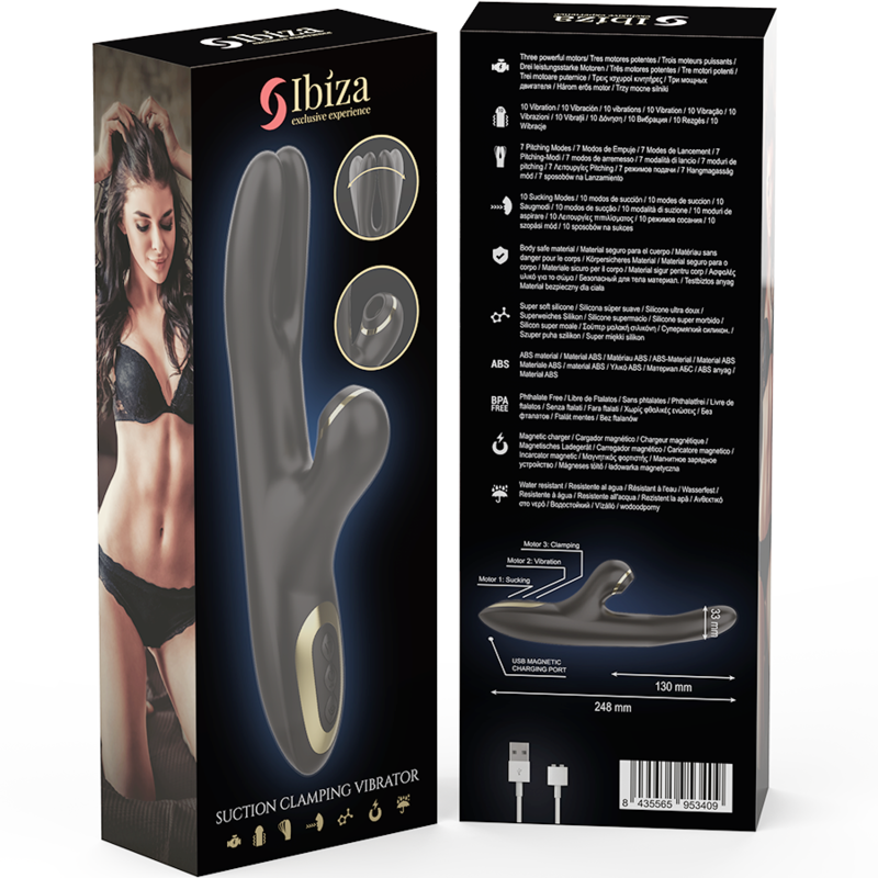 Vibrador Hi-Tech Rabbit IBIZA negro con diseño de doble pinching y ondas clitoriales, fabricado en silicona premium, ideal para estimulación dual y placer intenso.