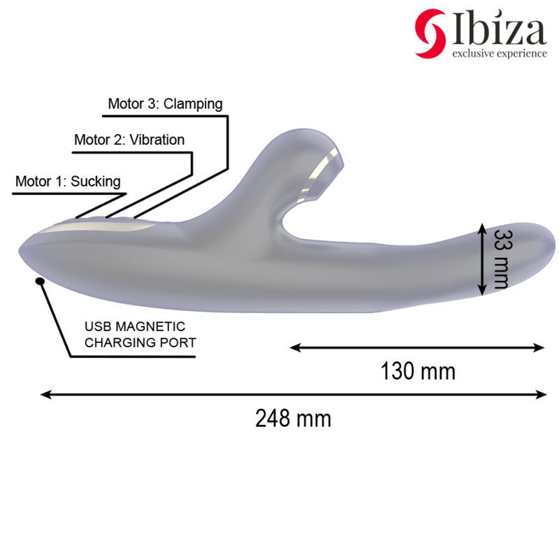 Vibrador Hi-Tech Rabbit IBIZA negro con diseño de doble pinching y ondas clitoriales, fabricado en silicona premium, ideal para estimulación dual y placer intenso.