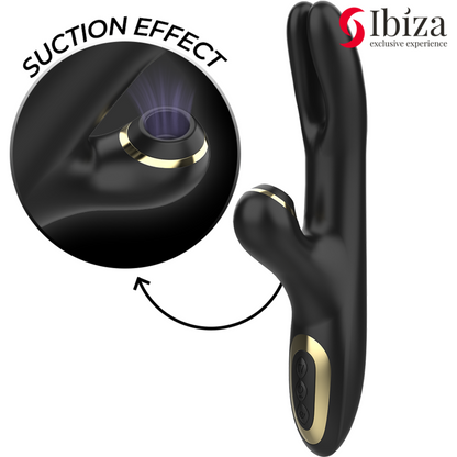 Vibrador Hi-Tech Rabbit IBIZA negro con diseño de doble pinching y ondas clitoriales, fabricado en silicona premium, ideal para estimulación dual y placer intenso.