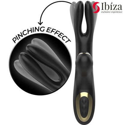 Vibrador Hi-Tech Rabbit IBIZA negro con diseño de doble pinching y ondas clitoriales, fabricado en silicona premium, ideal para estimulación dual y placer intenso.