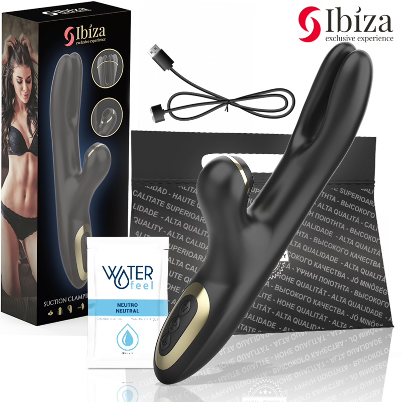 Vibrador Hi-Tech Rabbit IBIZA negro con diseño de doble pinching y ondas clitoriales, fabricado en silicona premium, ideal para estimulación dual y placer intenso.
