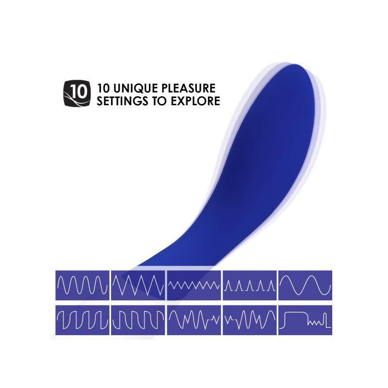 Vibrador LELO MONA MEDIANOCHE WAVE en color azul, diseñado para la estimulación del punto G con un innovador movimiento ondulante. Fabricado en silicona premium y ABS, resistente al agua y recargable por USB, ofreciendo una experiencia única con 10 modos de vibración.