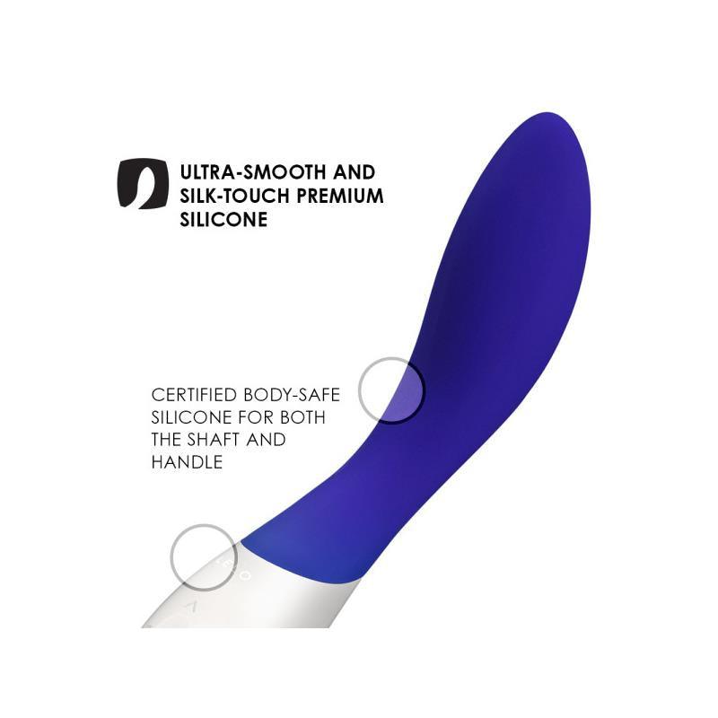 Vibrador LELO MONA MEDIANOCHE WAVE en color azul, diseñado para la estimulación del punto G con un innovador movimiento ondulante. Fabricado en silicona premium y ABS, resistente al agua y recargable por USB, ofreciendo una experiencia única con 10 modos de vibración.