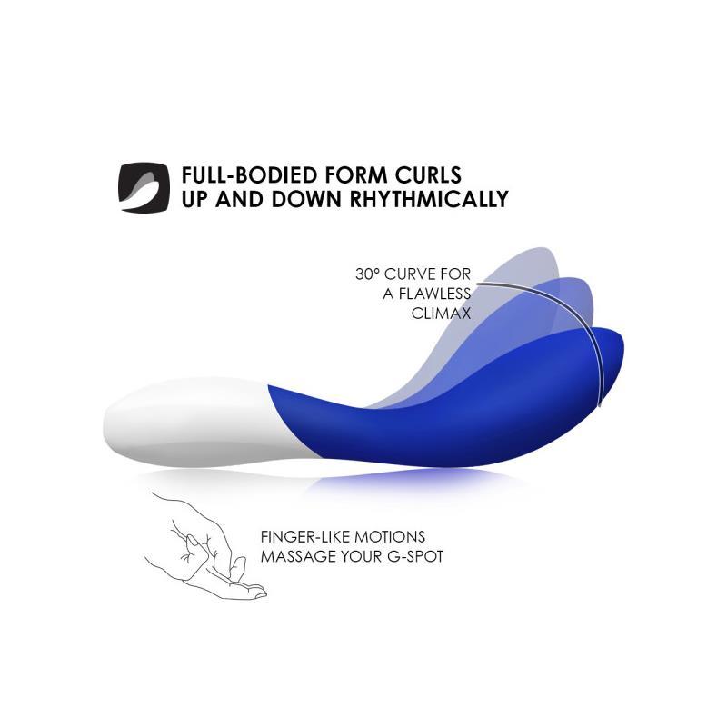 Vibrador LELO MONA MEDIANOCHE WAVE en color azul, diseñado para la estimulación del punto G con un innovador movimiento ondulante. Fabricado en silicona premium y ABS, resistente al agua y recargable por USB, ofreciendo una experiencia única con 10 modos de vibración.
